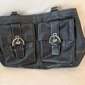 Coach Black Leather Double Pocket Tote with Silver Hardware